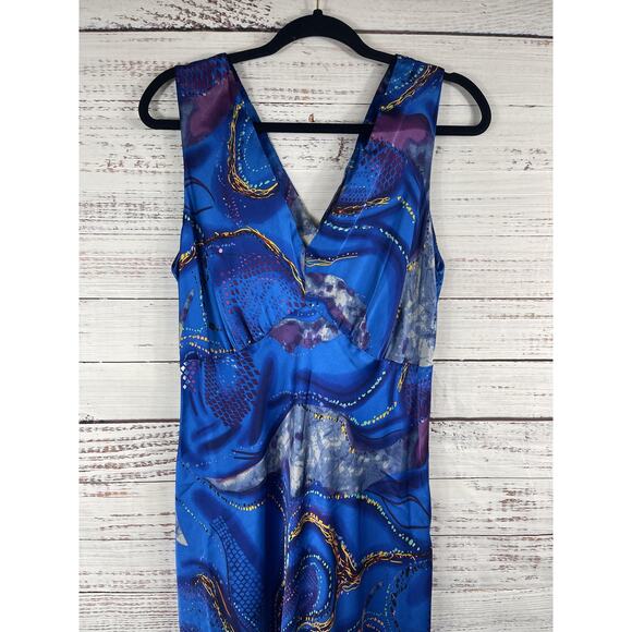 Heart & Hands Exclusives Dress Women's Large Blue Silk Sleeveless Maxi Abstract - Picture 2 of 10